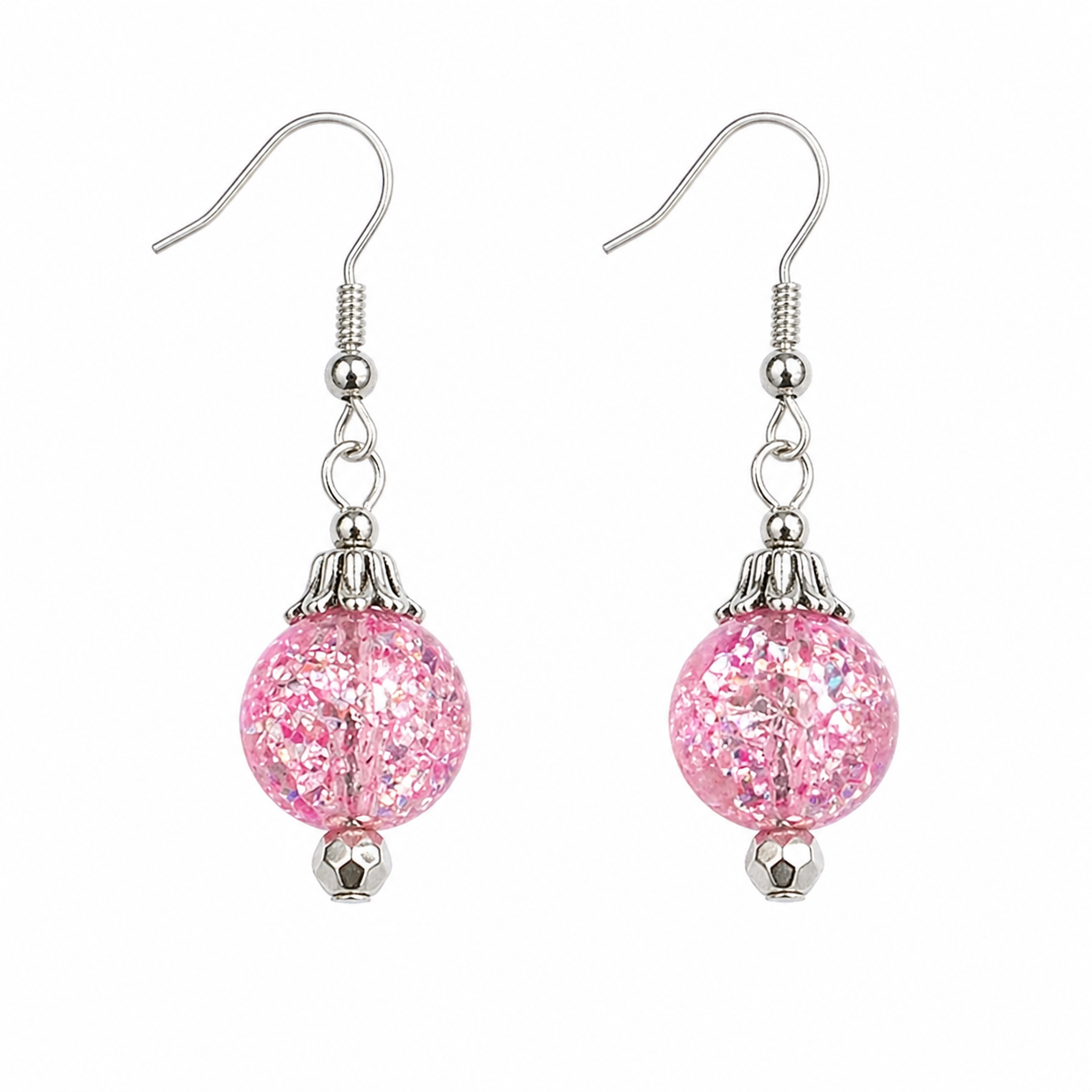 Pink sparkle drop earrings handmade lightweight jewelry white background