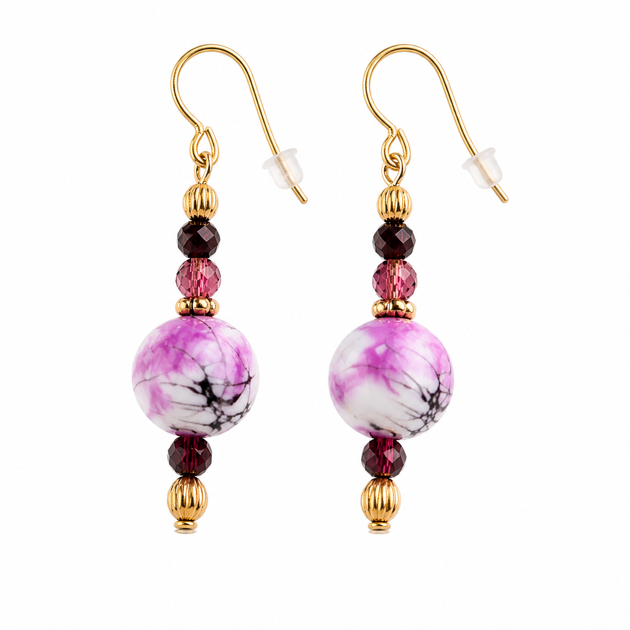 Pink marble drop earrings handmade lightweight jewelry white background
