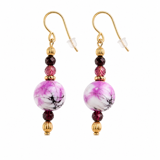 Pink marble drop earrings handmade lightweight jewelry white background
