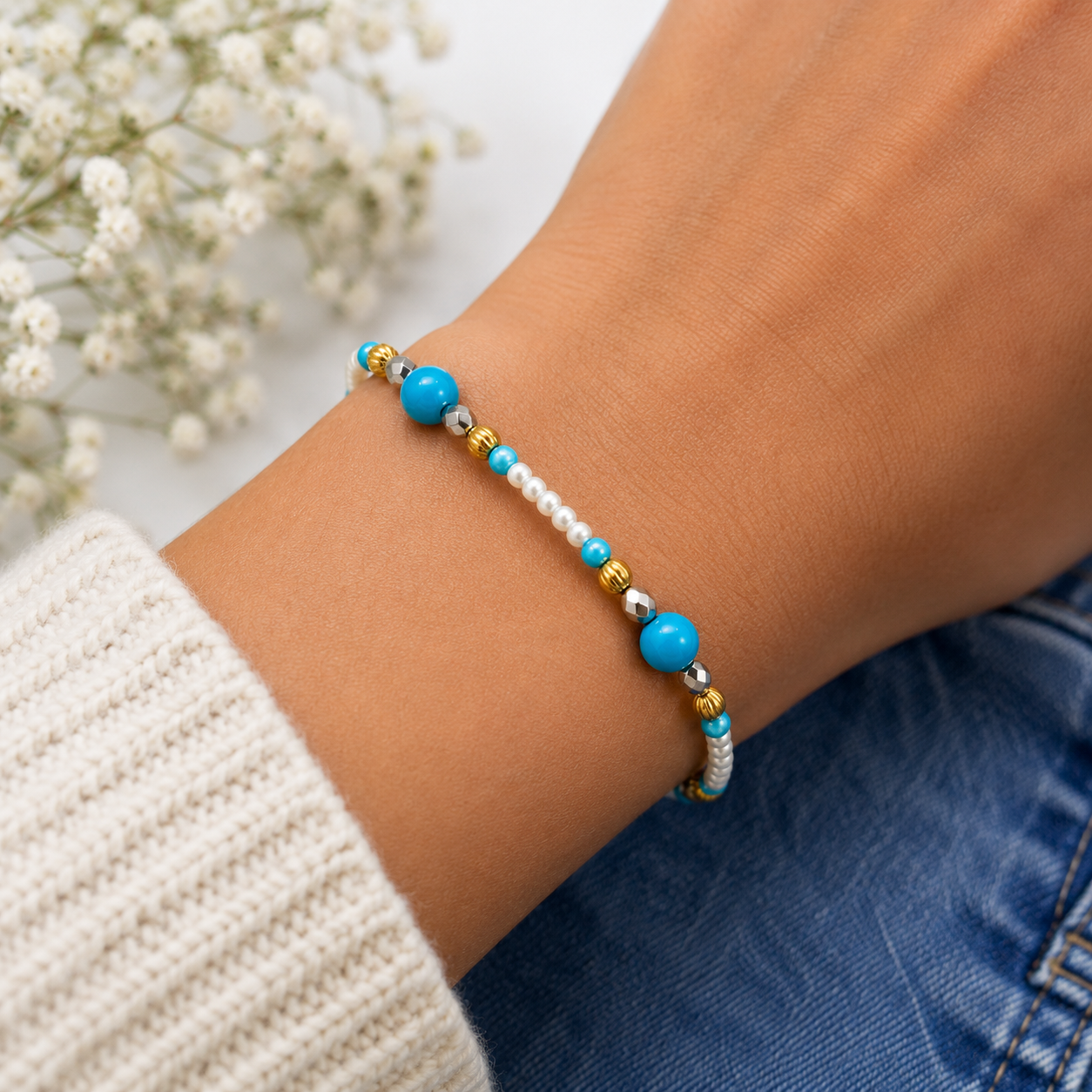 Handmade turquoise, pearl, gold, and silver beaded bracelet worn on the wrist in natural light, showcasing its lightweight fit and everyday elegance.